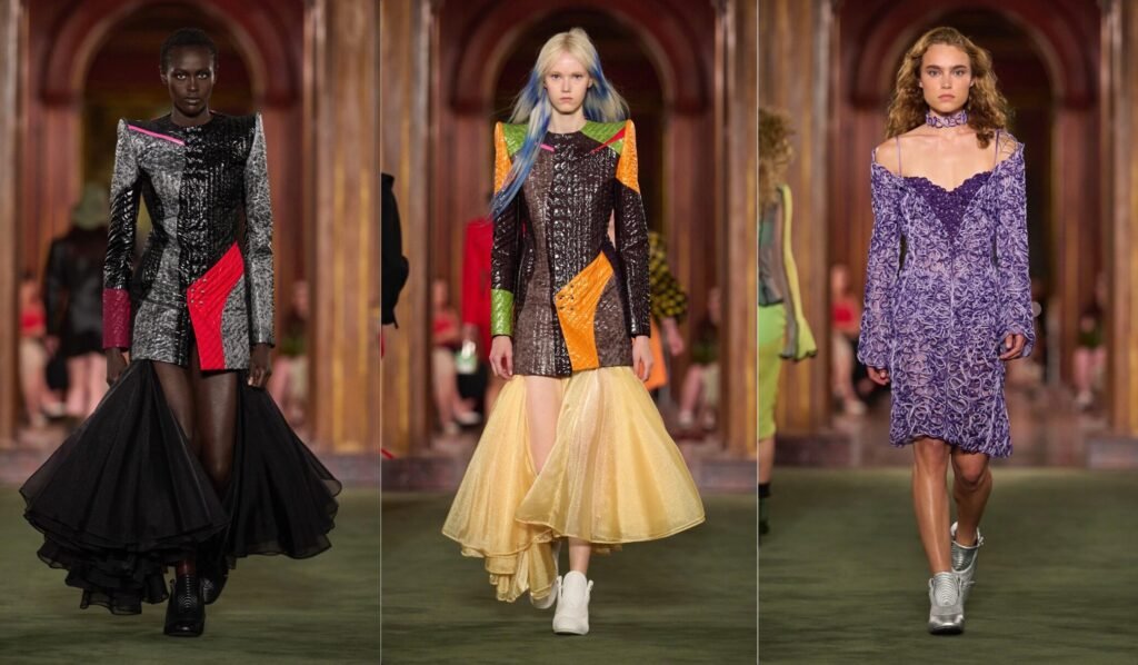 Exquisite, colourful leather pieces, sheer chiffon cut with sharp geometry was also showcased in the Louis Vuitton 2027 Cruise Collection.