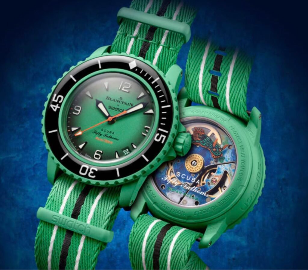 The SISTEM51 movement was also found in the Swatch x Blancpain's Fifty Fathoms timepieces released in 2023, which gave a glimpse into the movement via the partially exposed case back.