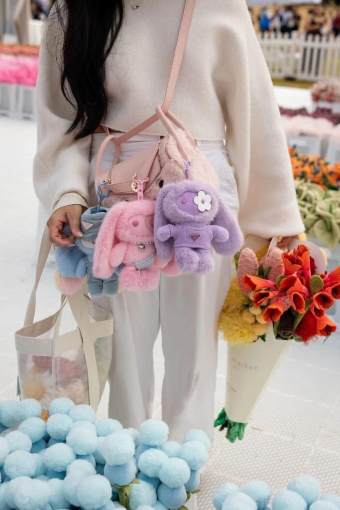 A visitor wearing JuJu plushies on her bag.